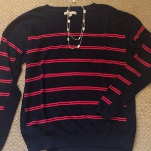 Long sleeve navy blue and red striped sweater